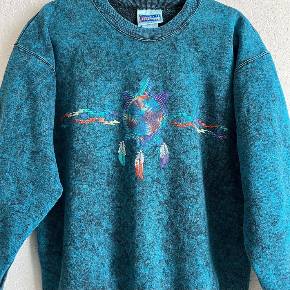 Vintage Hanes Sea Turtle Pullover Sweatshirt Feathers Tribal Turquoise/B… - Picture 2 of 8